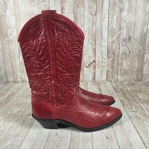Women's Red Leather Cowboy Boots Western Style with Embossed Design Size 6.5 M